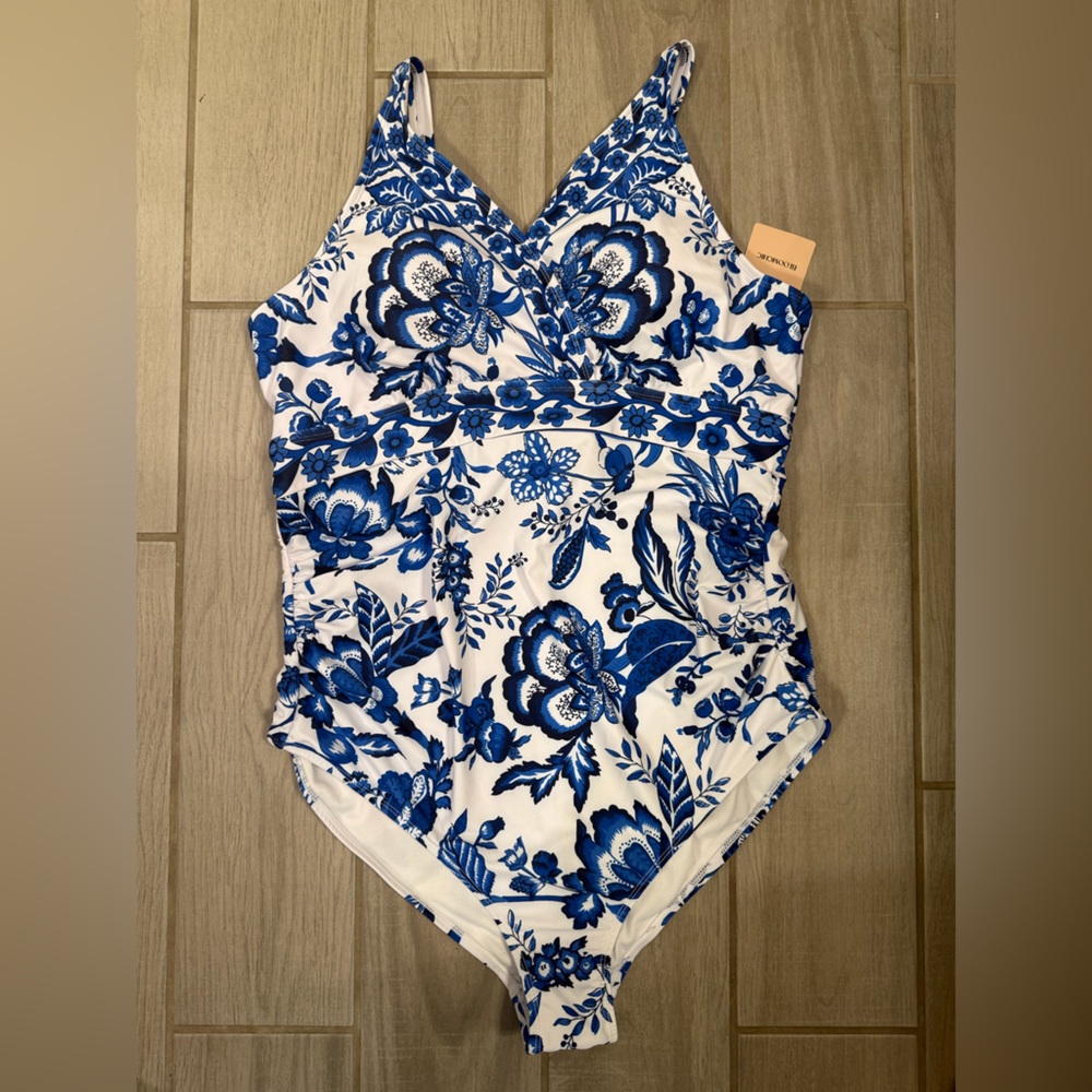 BloomChic Blue and White Floral One-Piece Swimsuit with Skirt, NWOT
